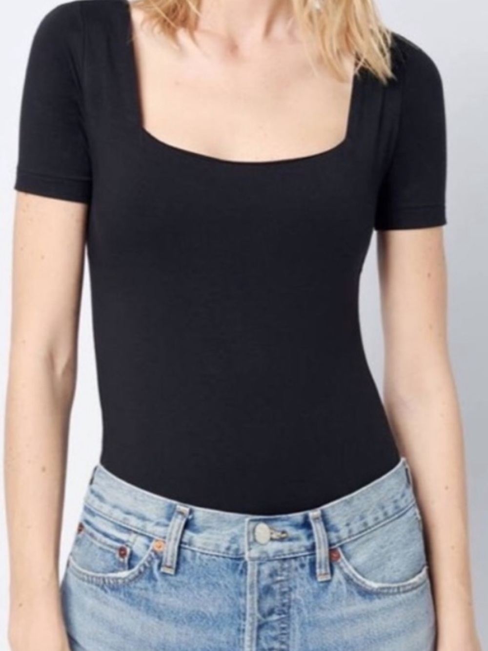 Re/Done Square Neck Black  Short Sleeve Bodysuit